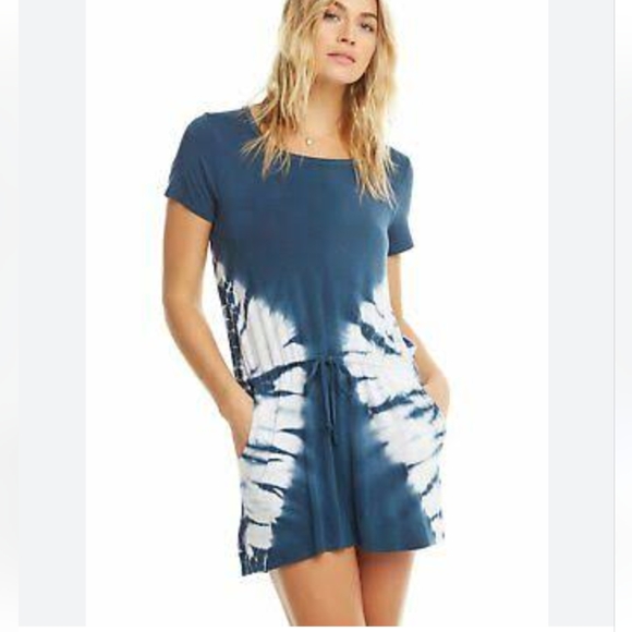 Chaser Cool Jersey S/S Strappy Drape Back Tie Dye White Blue Dress Medium - Picture 2 of 13